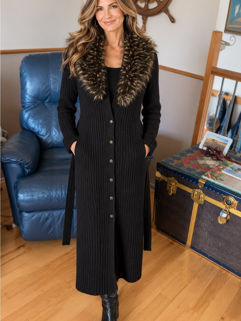 Black Faux-Fur Collar Ribbed Button-Front Maxi sweater
